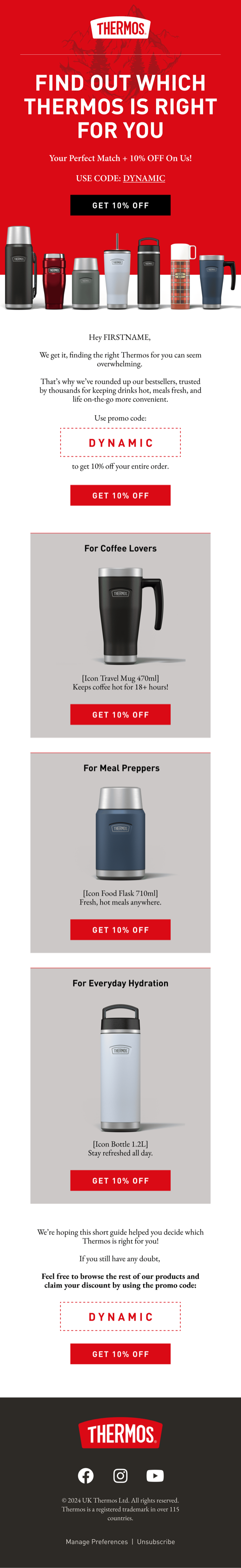 A Thermos product match email designed by Engage Commerce, sorting the range by coffee, meal prep and everyday hydration