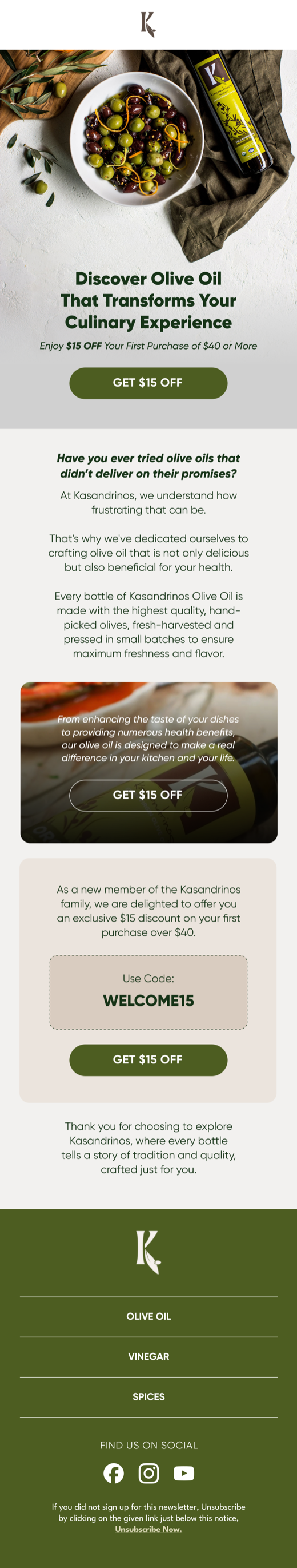 An ecommerce welcome email designed by Engage Commerce