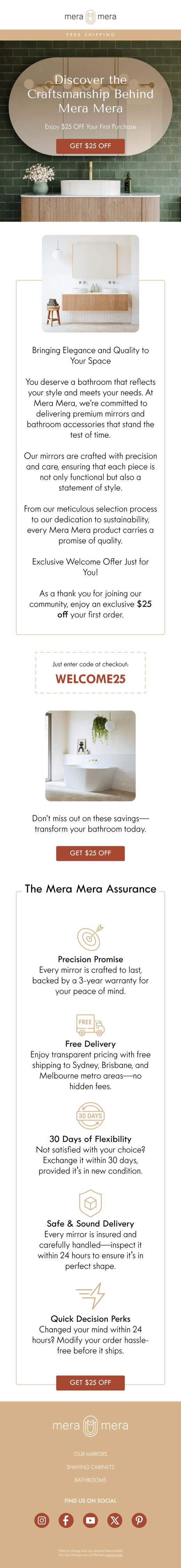 A Mera Mera welcome email designed by Engage Commerce, an arched brass mirror over a green tiled vanity above the first order offer