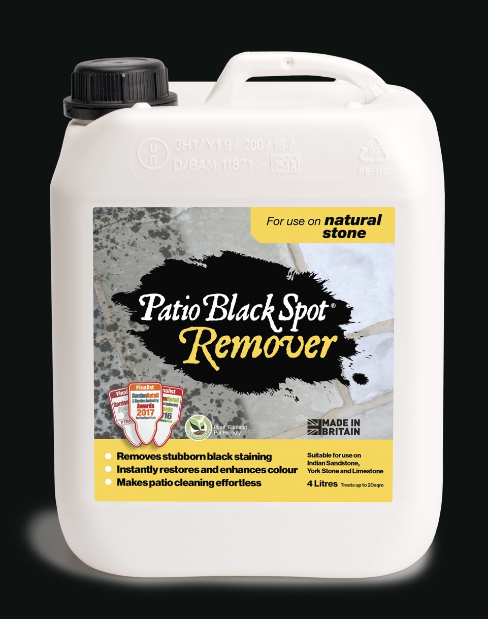 A four litre container of Patio Black Spot Remover for natural stone