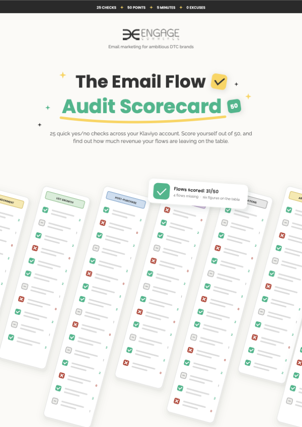 Front cover of The Email Flow Audit Scorecard: a black banner reading 25 checks, 50 points, 5 minutes, 0 excuses, above a fan of checklist sheets ticked and crossed in green and red beside a card reading flows scored 31 out of 50