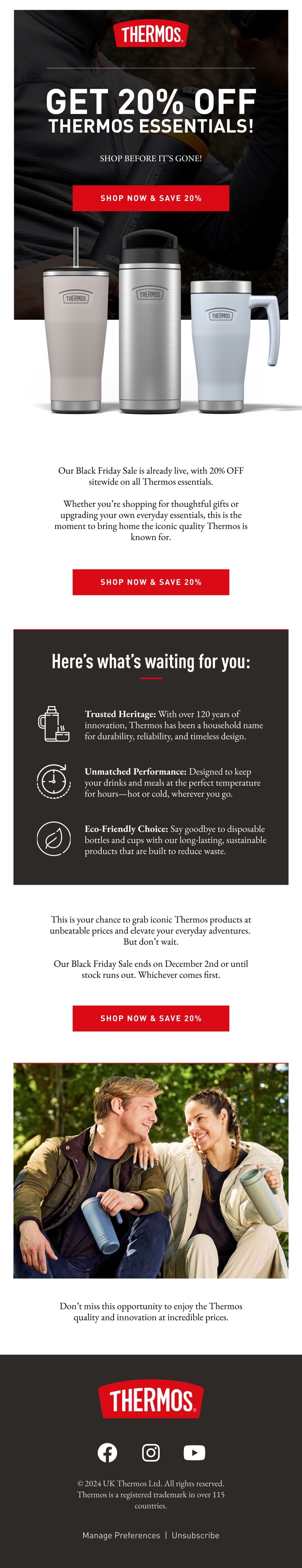 Thermos Black Friday email: three tumblers and a travel mug under a Get 20% off Thermos Essentials headline
