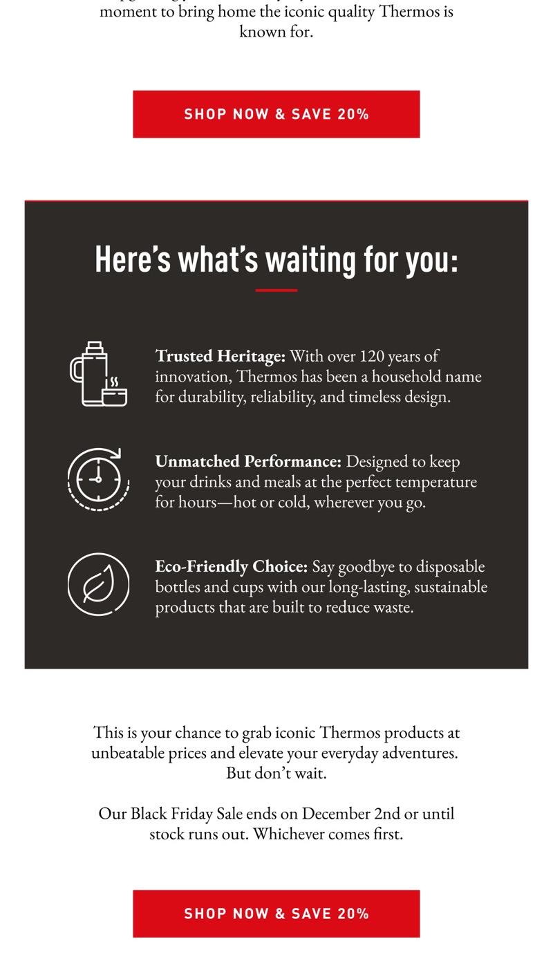 A Thermos email designed by Engage Commerce, the dark reasons to buy panel between two shop buttons