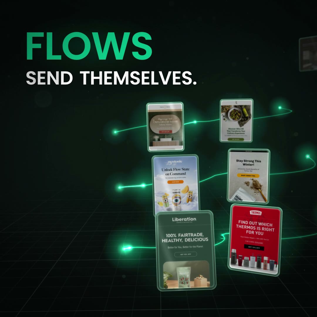 The words Flows send themselves beside a stack of real client emails