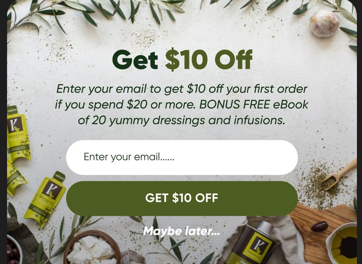 A signup unit designed by Engage Commerce for Kasandrinos, offering ten dollars off a first order in exchange for an email address, which is the entry point this flow fires on