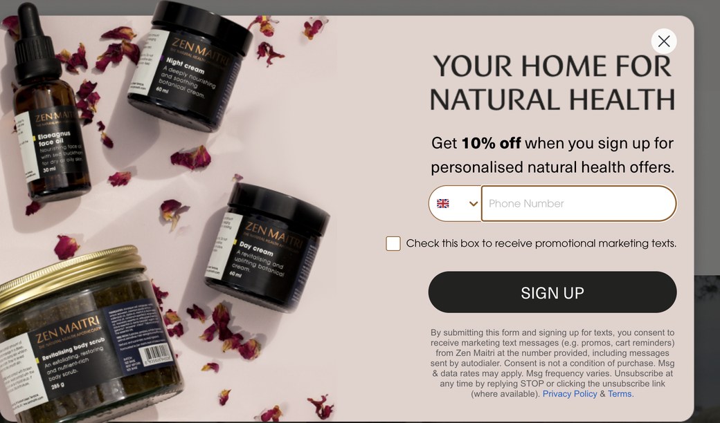 A Klaviyo sign-up control built by Engage Commerce sitting over the live Zen Maitri storefront, a phone number field with its marketing consent tick and the disclosure printed underneath