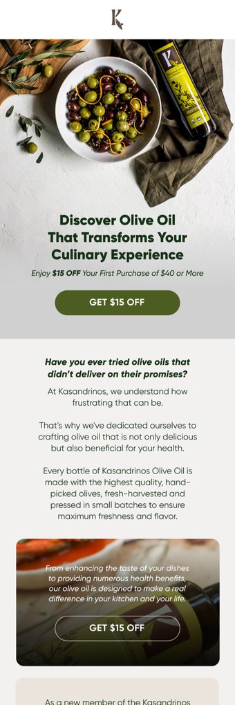 A Kasandrinos email designed by Engage Commerce, olives and oil photographed on white stone
