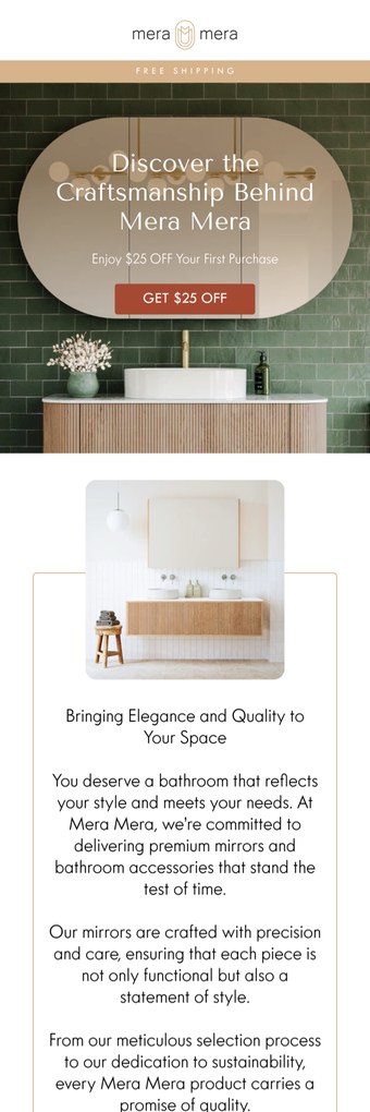 A Mera Mera email designed by Engage Commerce, an arched mirror over a green tiled vanity