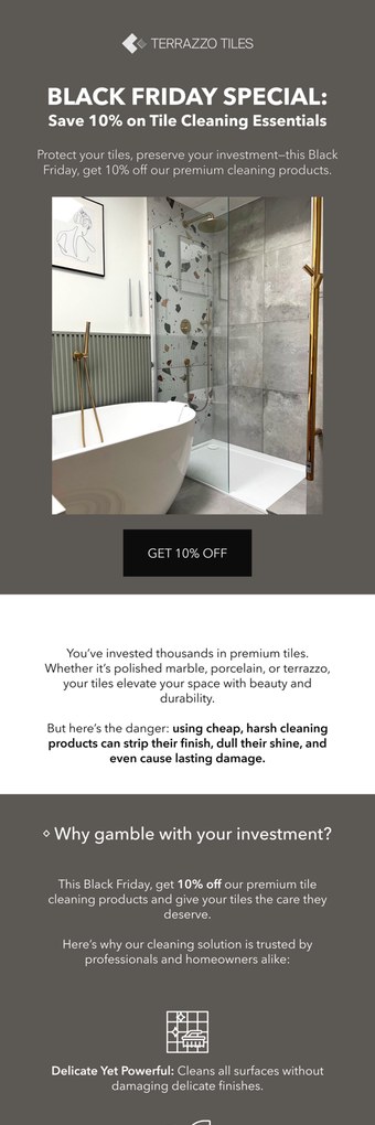 A Terrazzo Tiles email designed by Engage Commerce, a charcoal shower room above a flat lay of tile cleaning products