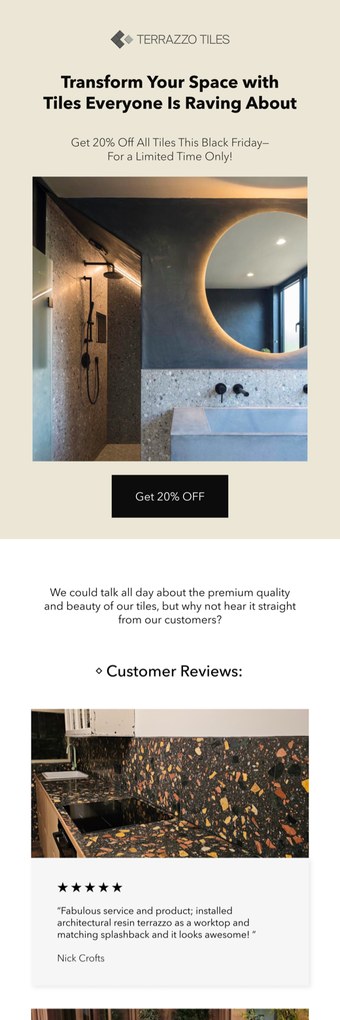 A Terrazzo Tiles email designed by Engage Commerce, a dark tiled bathroom with a backlit round mirror above customer reviews