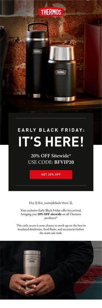 A Thermos email designed by Engage Commerce, a flask lit on a dark brick ledge above an early Black Friday offer