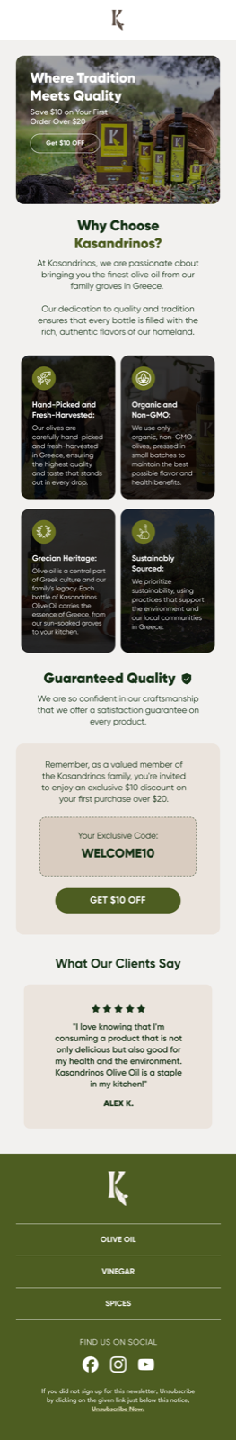 The same welcome email rebuilt by Engage Commerce, a photographed hero band over four reasons to choose the brand, a guarantee panel, the offer and a customer review