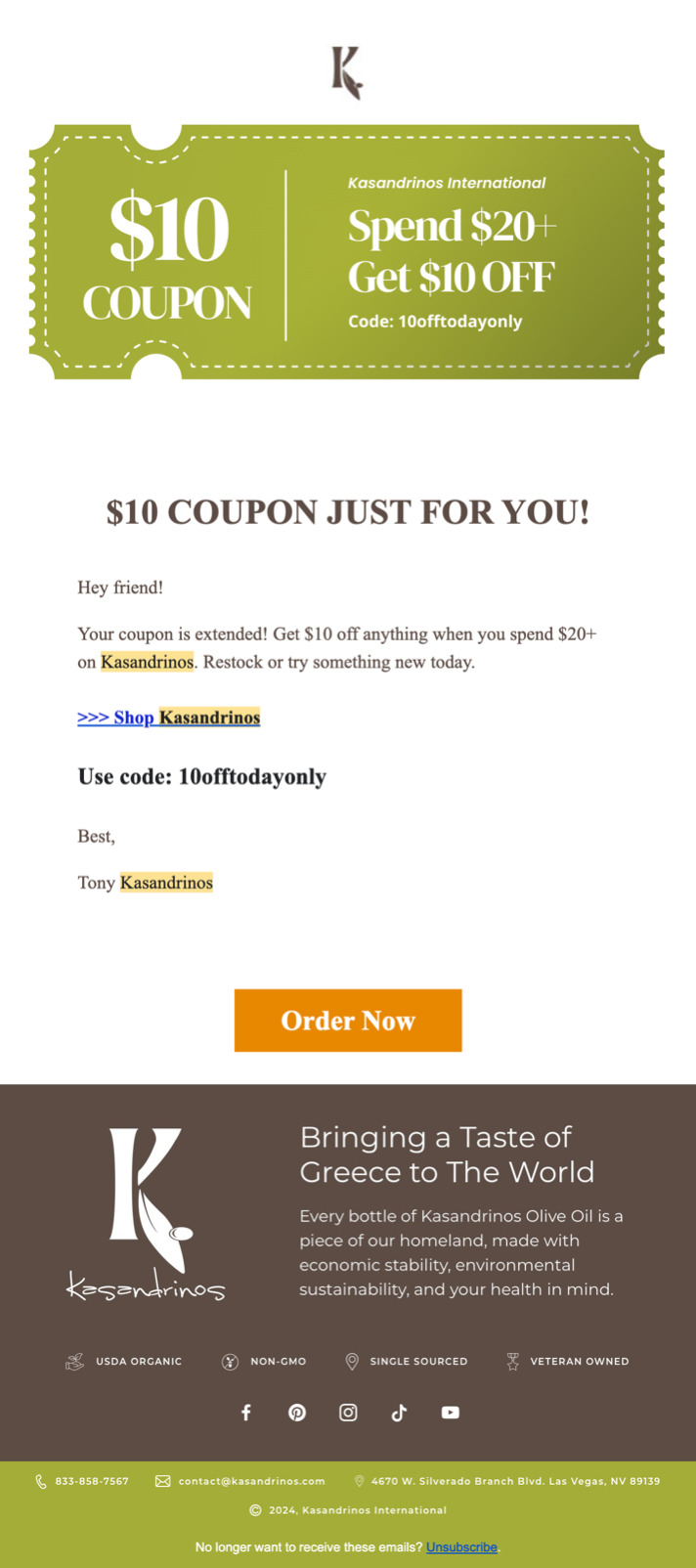 A client welcome email before it was rebuilt, a coupon graphic above a short plain note and an order button, with the brand footer beneath