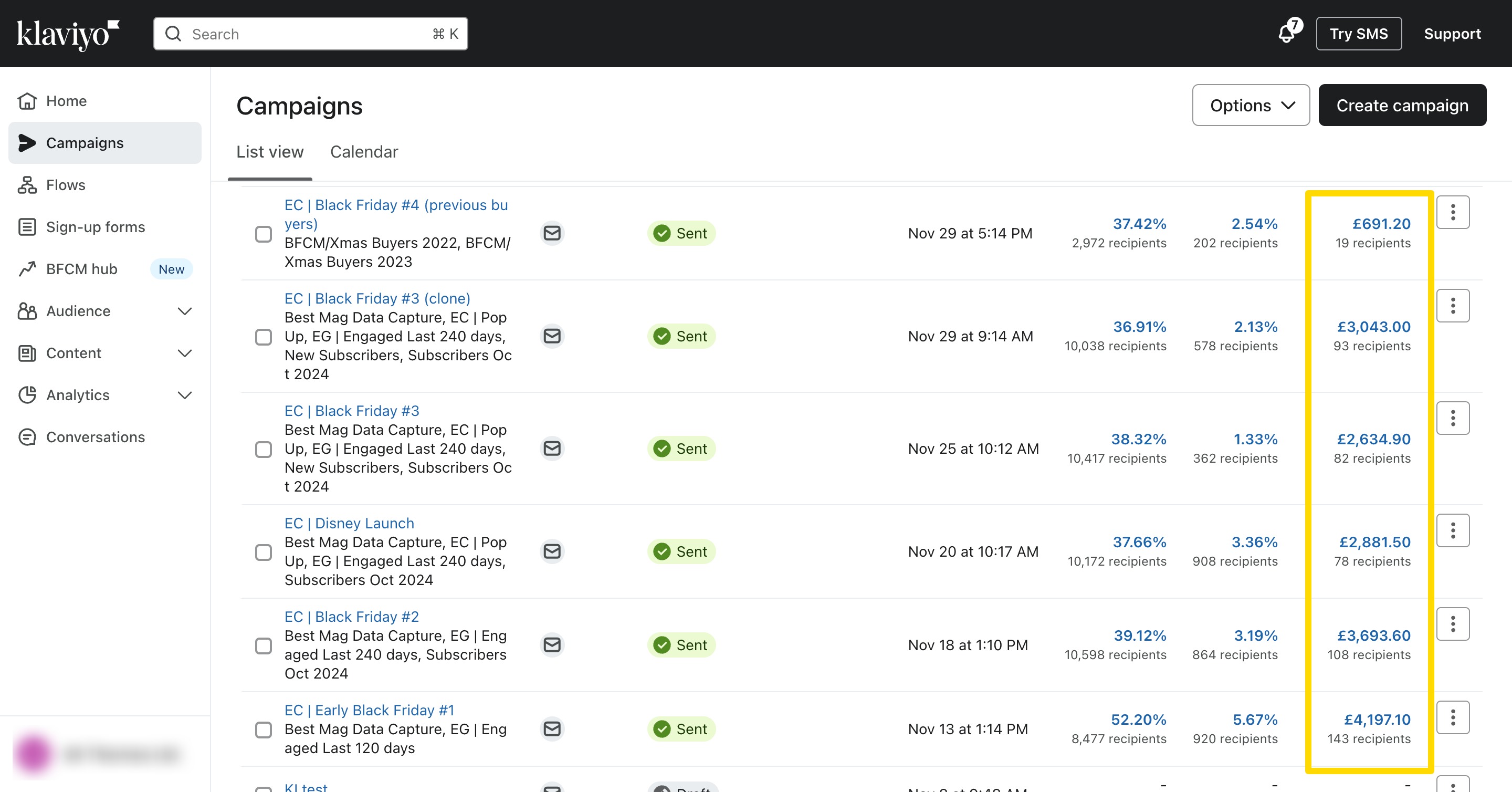 The campaigns screen inside a live client Klaviyo account, each send listed with the named segments it was addressed to, including one built on customers who had bought before