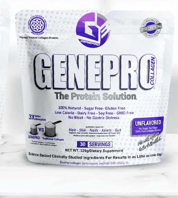 A GenePro Collagen protein pouch photographed whole on a marble counter, the flavour and the serving count printed on the front