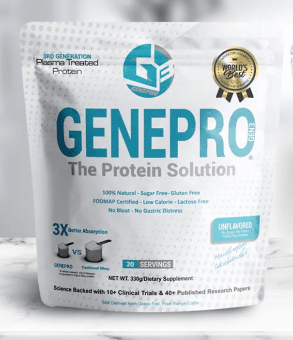 A GenePro protein pouch photographed standing on a marble worktop