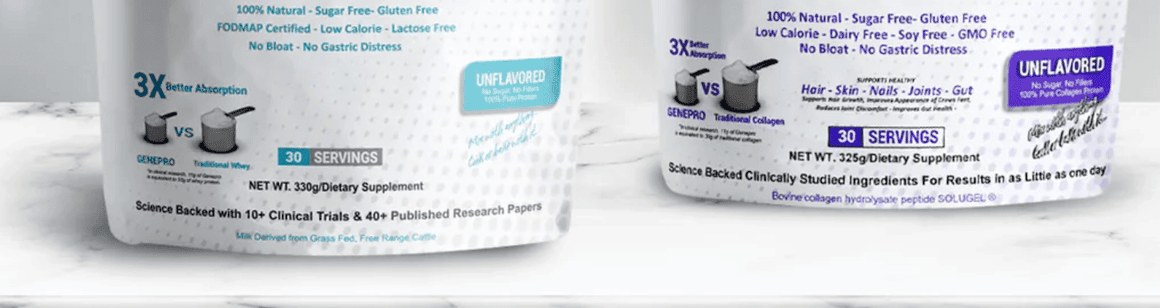 The lower halves of two Genepro protein pouches side by side on a marble worktop, each label carrying a scoop comparison graphic and a servings panel