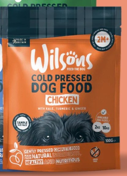 A Wilsons chicken recipe pack, the available bag sizes printed on the front beside the sample pack badge