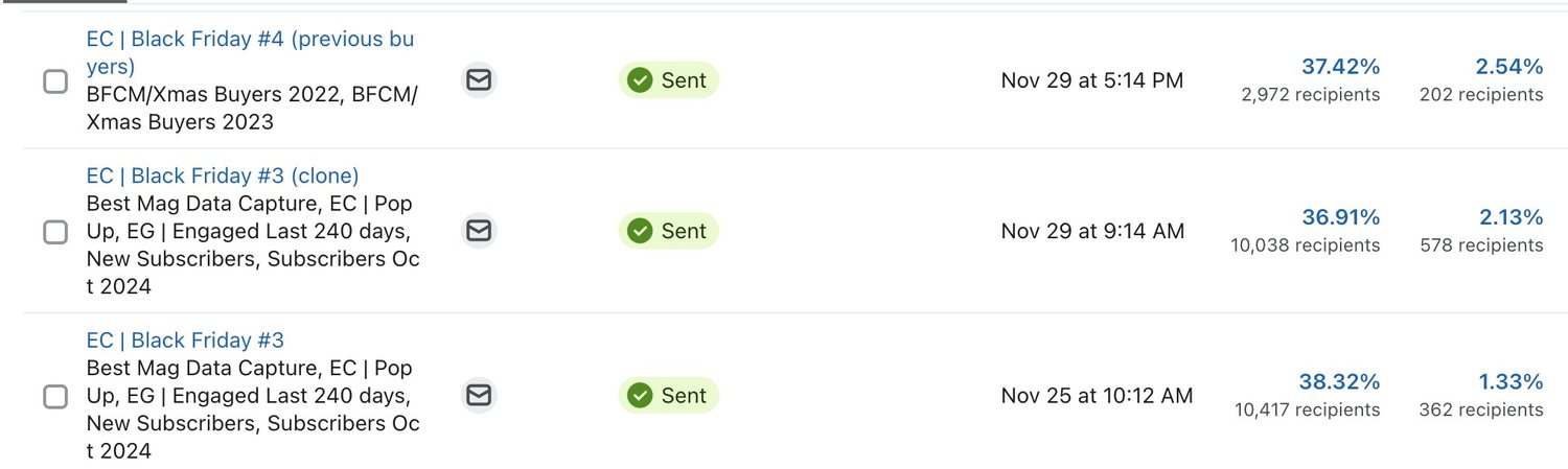 Campaign rows inside a live client Klaviyo account, each send addressed to named segments including ones built on subscribers engaged in the last two hundred and forty days