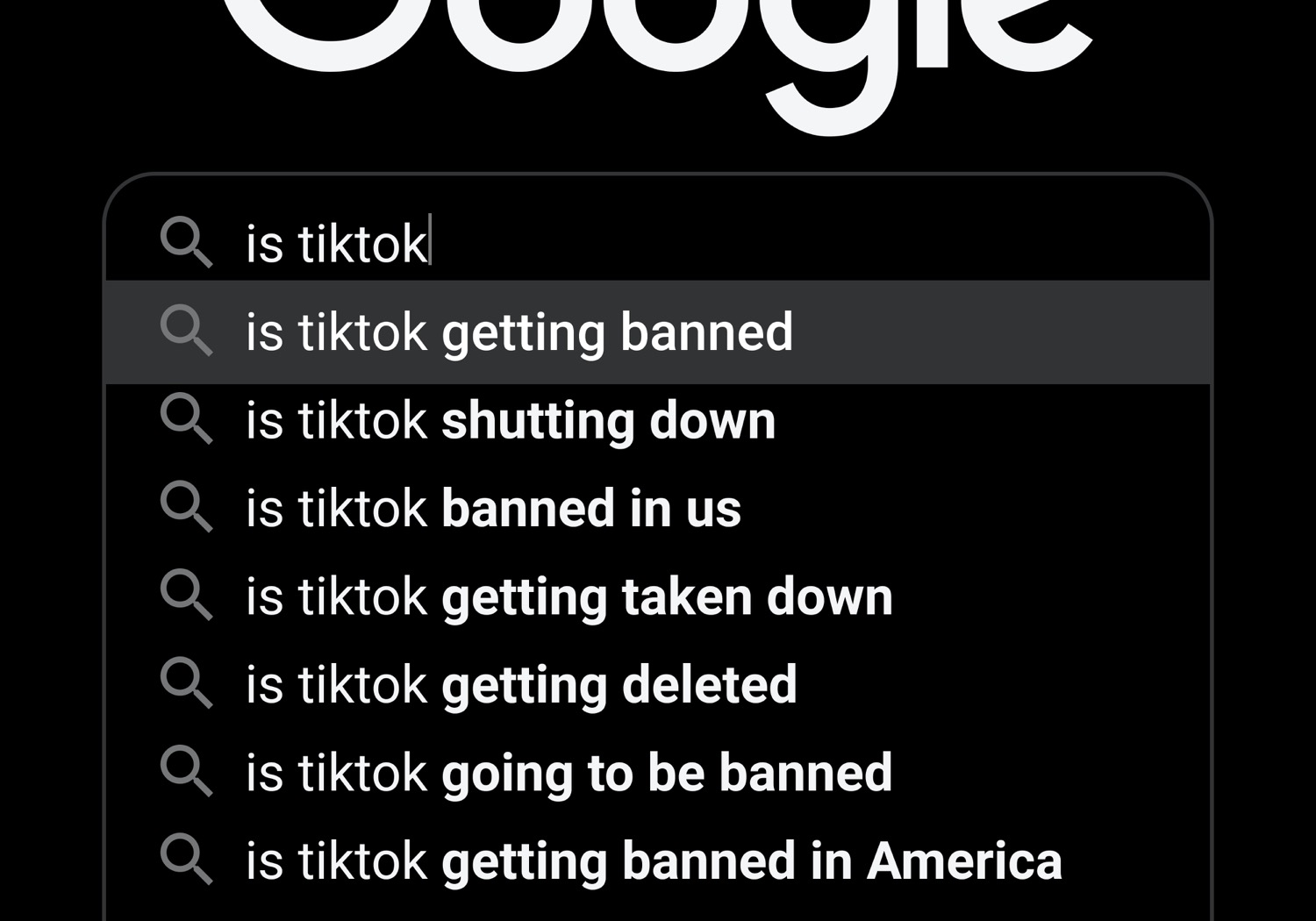 A Google search box in dark mode showing autocomplete suggestions beneath a partly typed question about TikTok