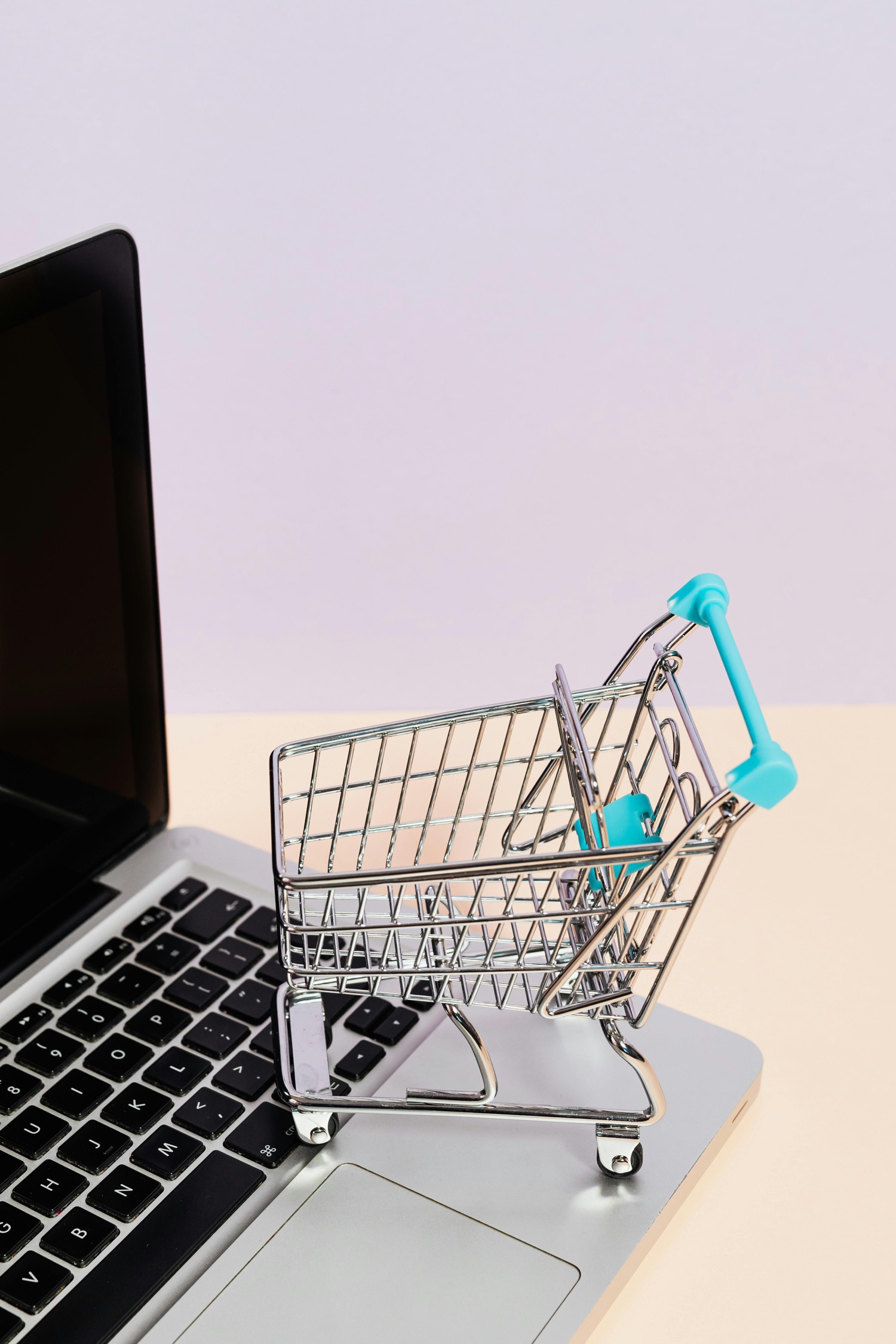 An empty wire basket standing on an open laptop against a lilac ground, nothing in it