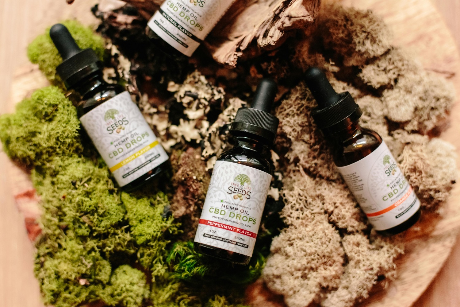 Four dropper bottles of branded hemp oil supplement lying among green moss, pale lichen and driftwood in a wooden bowl