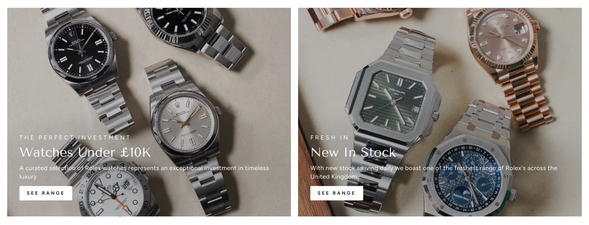 Two collection tiles on a client storefront, Watches Under ten thousand pounds and New In Stock, each with its own See range button
