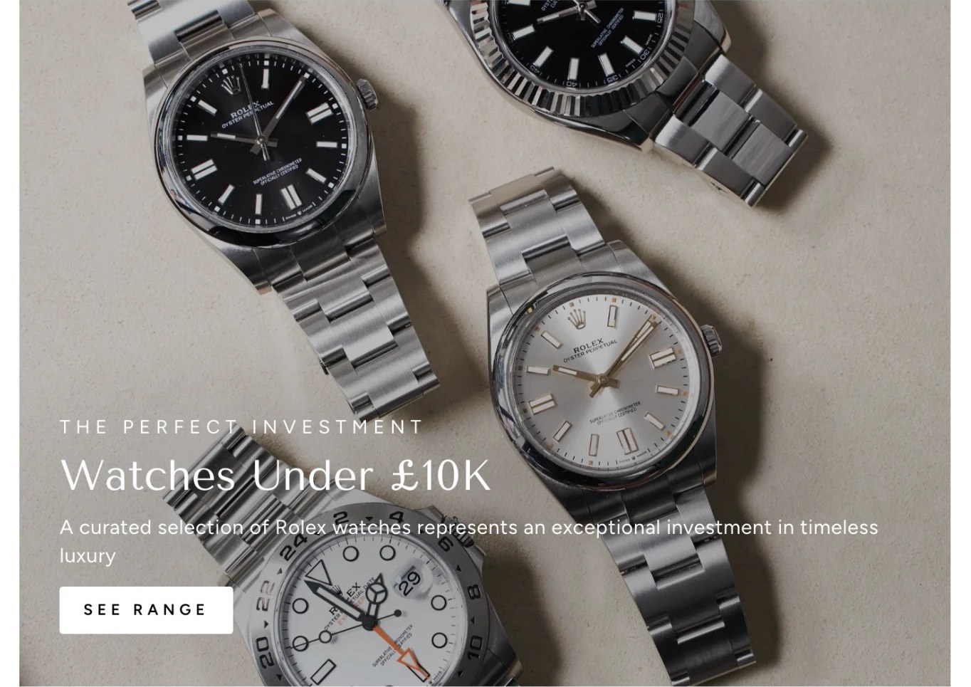 A collection banner on a client storefront reading Watches Under ten thousand pounds over a flat lay of watches, with a See range button