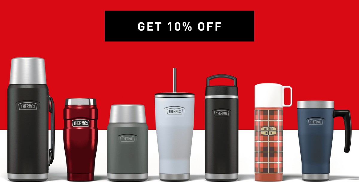 The Thermos flask and tumbler range lined up on red in an email designed by Engage Commerce, the send that answers a search with the products that match the phrase