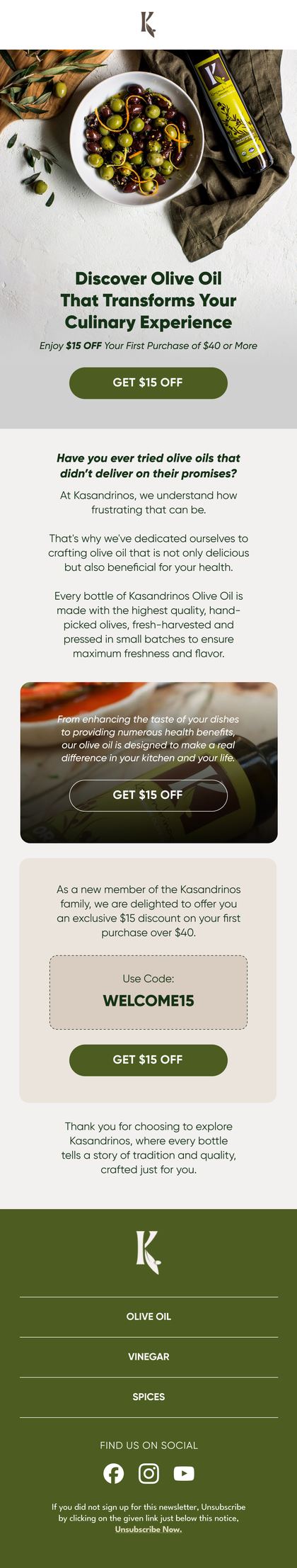 A Kasandrinos welcome email designed by Engage Commerce