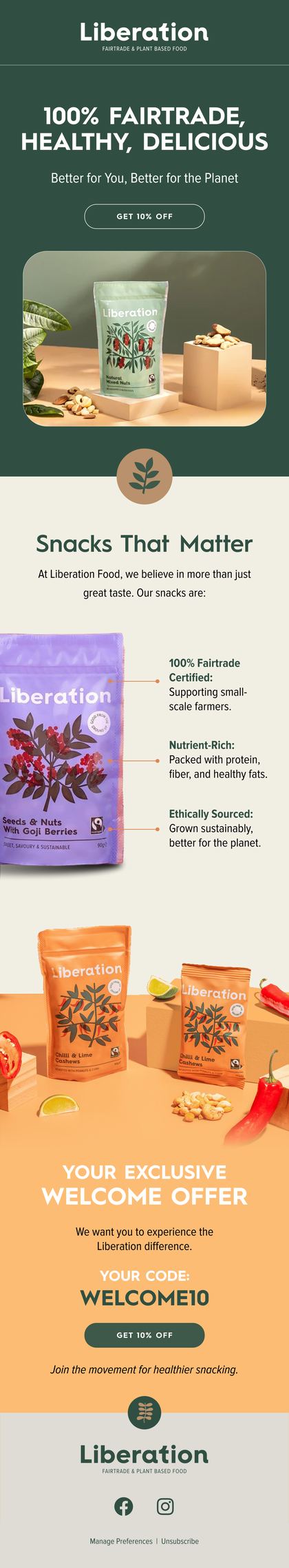 Liberation Foods welcome email: fair trade nut and seed packs on a deep green ground with the sourcing story beneath