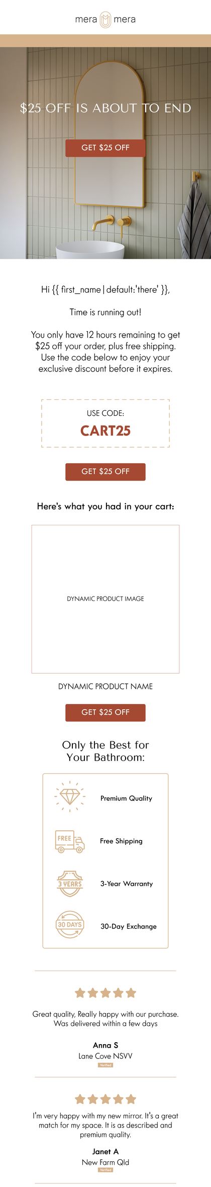 The Mera Mera abandoned checkout email designed by Engage Commerce, an arched gold framed mirror above a basin, the offer with its code, then a dynamic product block showing what was left in the basket and verified customer reviews