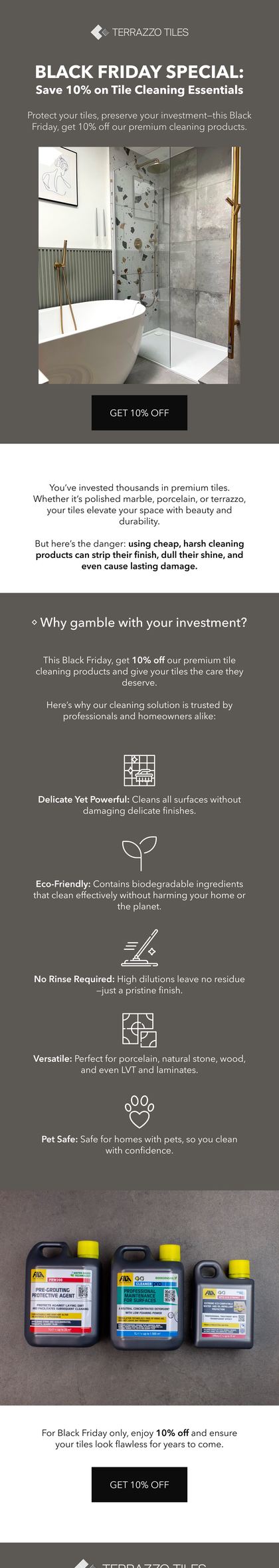 A Terrazzo Tiles email designed by Engage Commerce, a tiled bathroom above an offer on tile cleaning products
