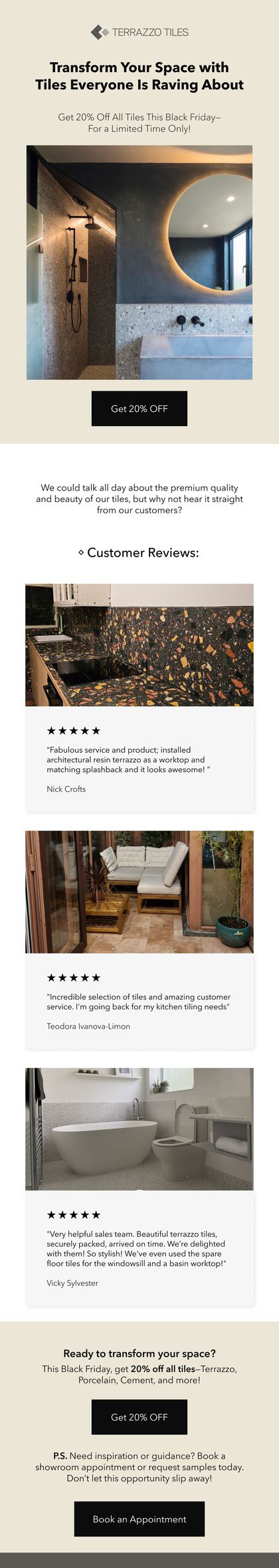 A Terrazzo Tiles campaign email built around customer reviews