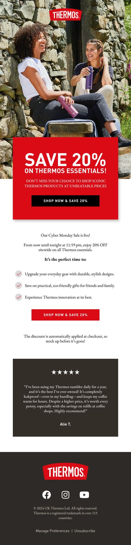 A Thermos Cyber Monday campaign email designed by Engage Commerce