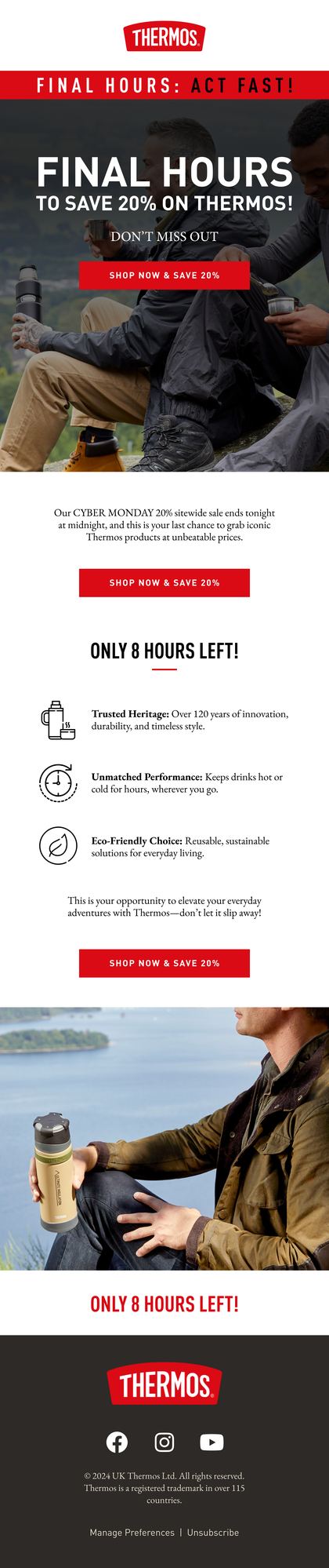 Thermos final hours email: a walker outdoors at dusk over an eight hours left urgency panel