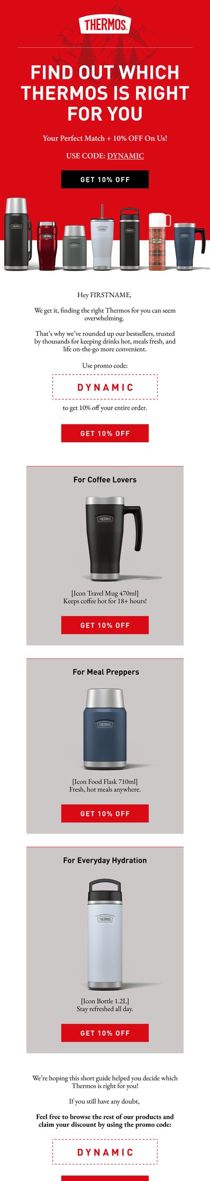 A Thermos product match email, the full flask and tumbler line up on red, then separate cards for coffee drinkers, meal preppers and everyday hydration
