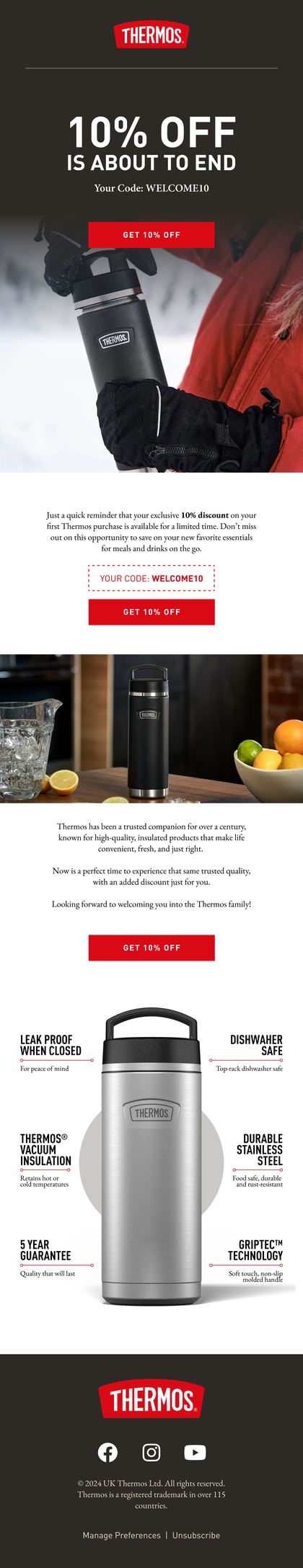 Thermos welcome flow reminder: a gloved hand holding a black flask in snow above a 10% off code panel